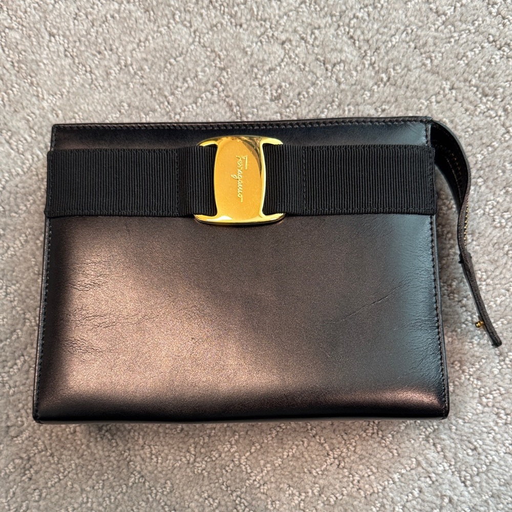 Salvatore Ferragamo Black Leather Bag with Gold Buckle